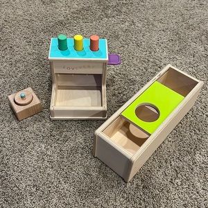 Lovevery wooden peg drop, sliding top box, pincer puzzle